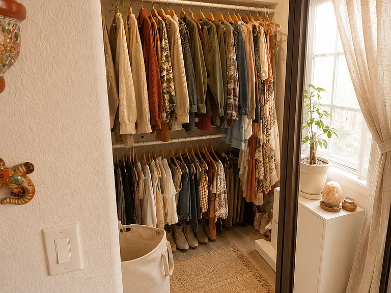 Walk in-closet - Virtually staged to showcase the home's layout with furnishings and highlight the potential look and feel of the furnished option.