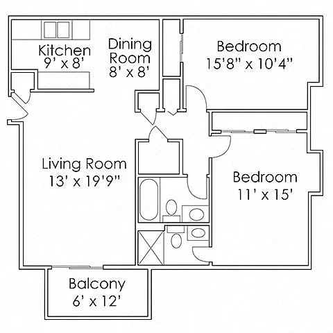 Floor plan 2 Bed, 2 Bath - B4 950 SF