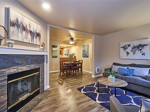Stacked slate fireplace with mantle