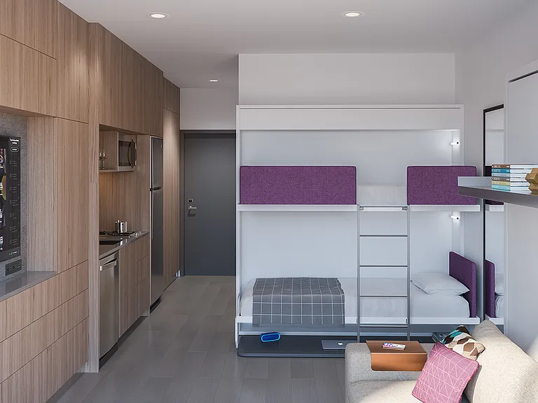 __ View of bunk beds, kitchenette, and sofa bed
__ This spacious studio includes bunk beds, a fully equipped kitchenette, and a comfortable sofa bed, providing flexible sleeping arrangements for up to 4 guests. Perfect for relaxation and convenience!