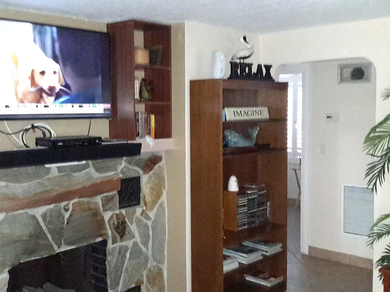 COTTAGE LIVING ROOM WITH FIREPLACE AND LED TV AND BOOKCASES