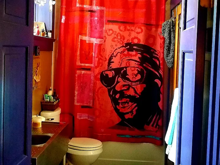 Master bath, with New Orleans famous Professor Longhair Art Shower Curtain painted by local artist, Big Moni Luv.