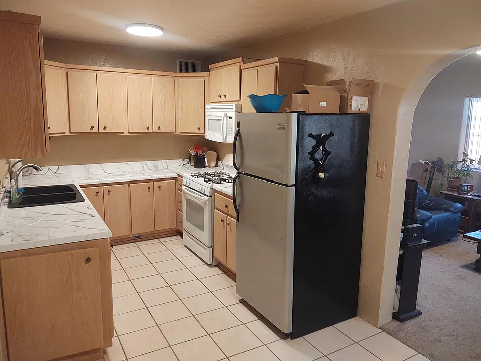 Kitchen, microwave, dishwasher, and large fridge