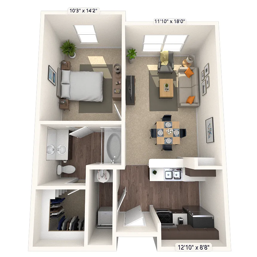 Floor plan Traditional 1x1 624-659 SF