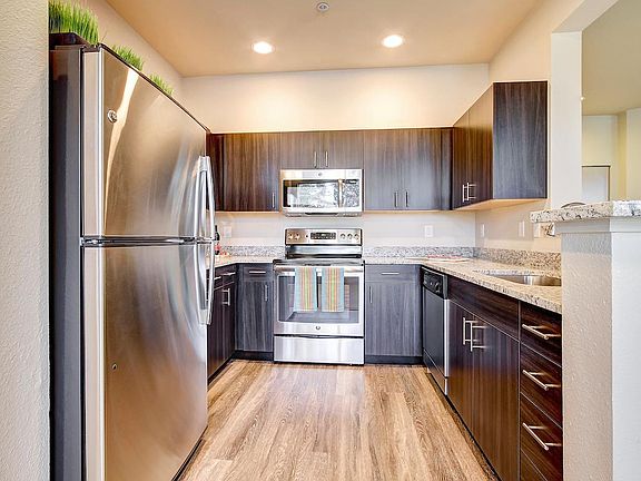Renovated kitchen with granite counter tops, designer cabinets and fixtures, and stainless steel appliances.