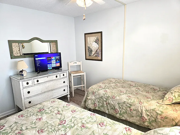 3rd guest bedroom with twin beds and a 32-inch TV with a ROKU stick