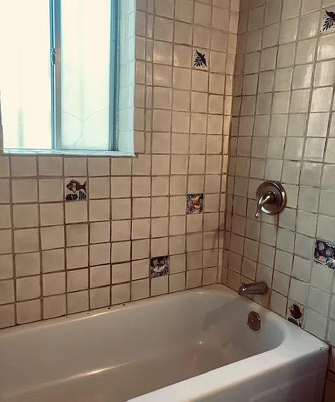full bathtub with shower and Mexican tiles, with a westside window.