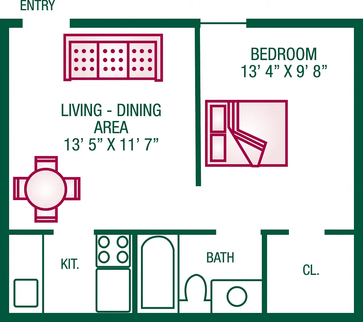 Floor plan 1 Bedroom / 1 Bath - Plan E