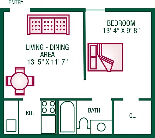 Floor plan 1 Bedroom / 1 Bath - Plan E