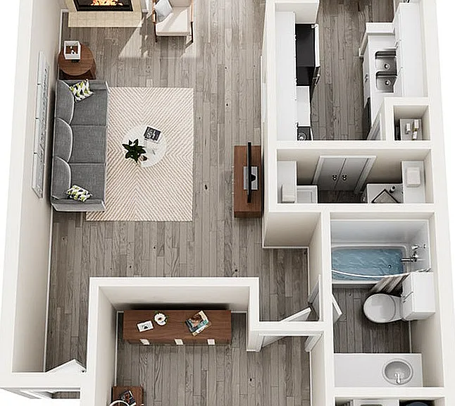 Elm - One Bedroom, One Bathroom, 660 sqft. Full Size Washer/Dryer Connections, Walk-in Closet, Pantry in Kitchen, Patio/Balcony, Outside Storage, Microwave in Select Homes, Fireplace in Select Homes, Vaulted Ceilings in Select Homes, and Creek Views in Se