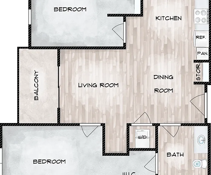 2 Bed 1 Bath C Floorplan Diagram