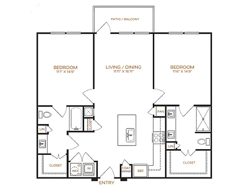 Floor plan 2 Bed, 2 Bath B