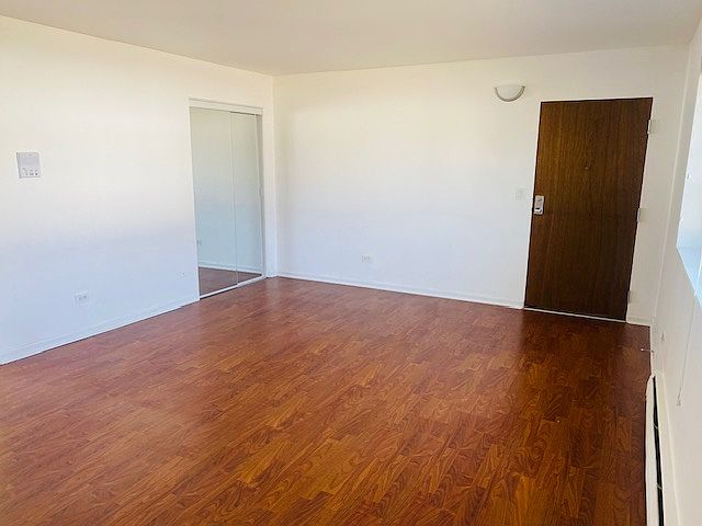 Another view of the front room with front, mirrored storage closet.