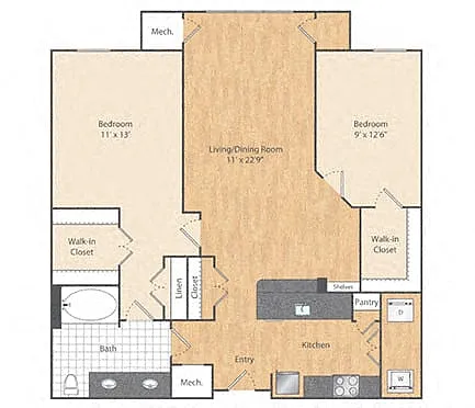 Floor plan 2 Bed/1 Bath-B1