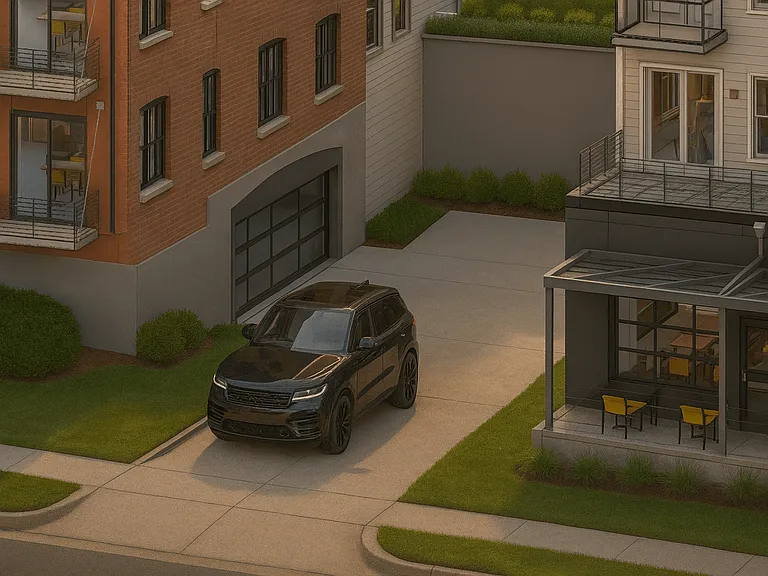 Artist rendering of vehicle exiting the underground parking garage between buildings 2 and 3