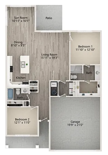 Floor plan 2 Bedroom 2 Bath with a Sunroom