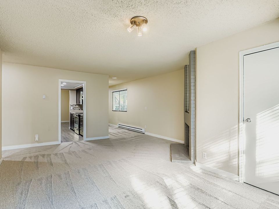 Living room with new carpet, a wood burning fireplace, and a storage closet.