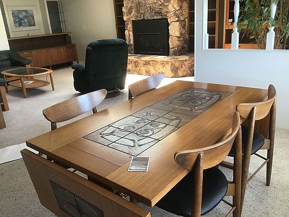 Teak and tile modern dining.