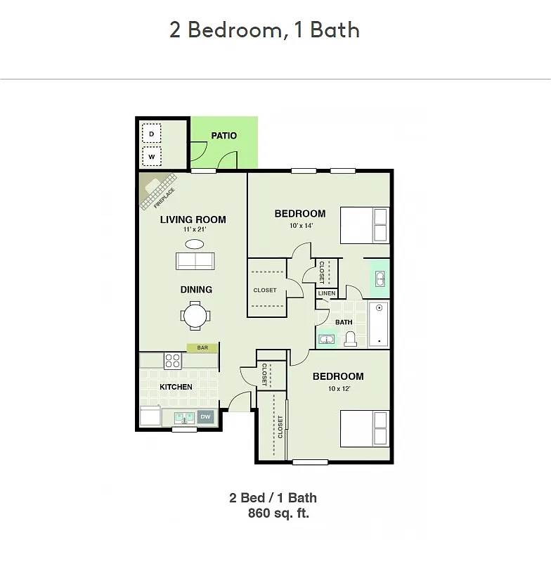 Floor plan 2 Bedroom, 1 Bath