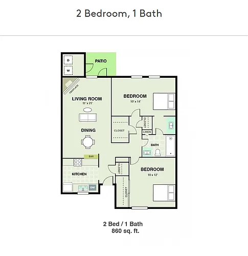 Floor plan 2 Bedroom, 1 Bath