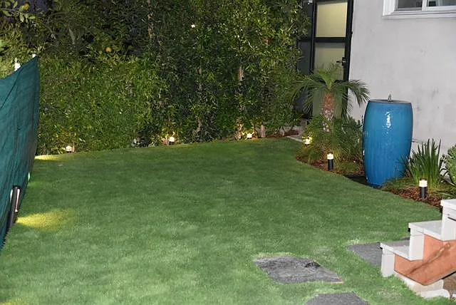 Private yard with fountain and nice landscape lighting
