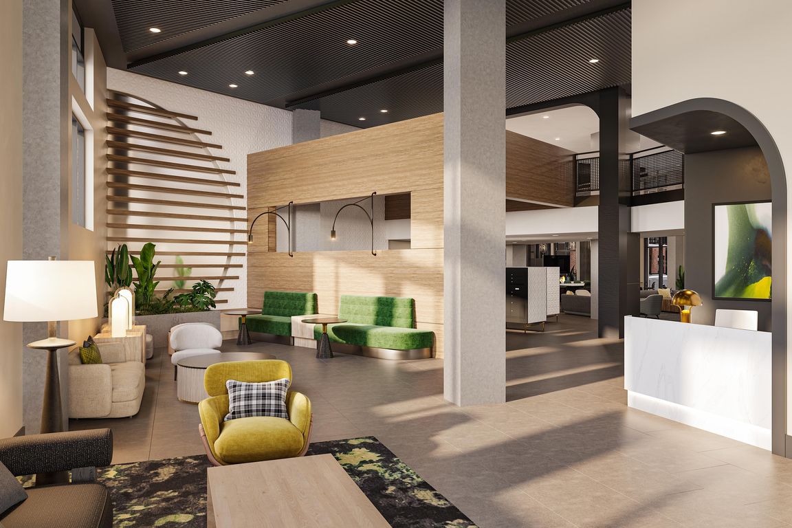 Hotel-inspired lobby with lounge seating at Modera H Street in Washington, D.C.