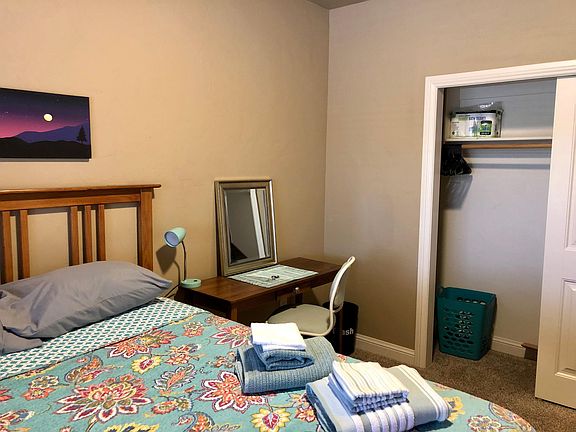 Queen mattress, Writing Desk w/Chair Storage Bench, large double door closet