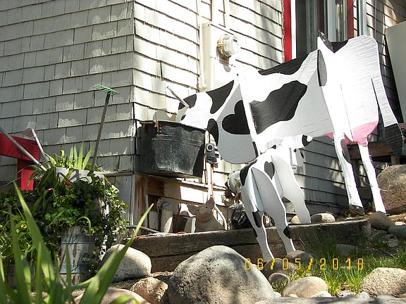Whimsical cow on side of farm house