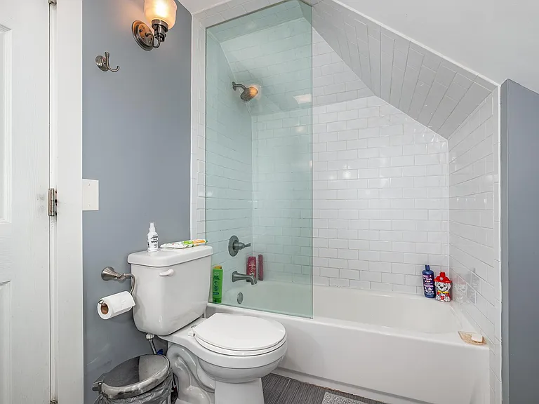 Master bath on the second floor. Shower has an angle to the ceiling