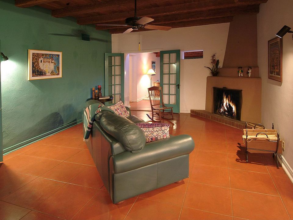 Scored concrete floors and beautiful wood beam ceiling