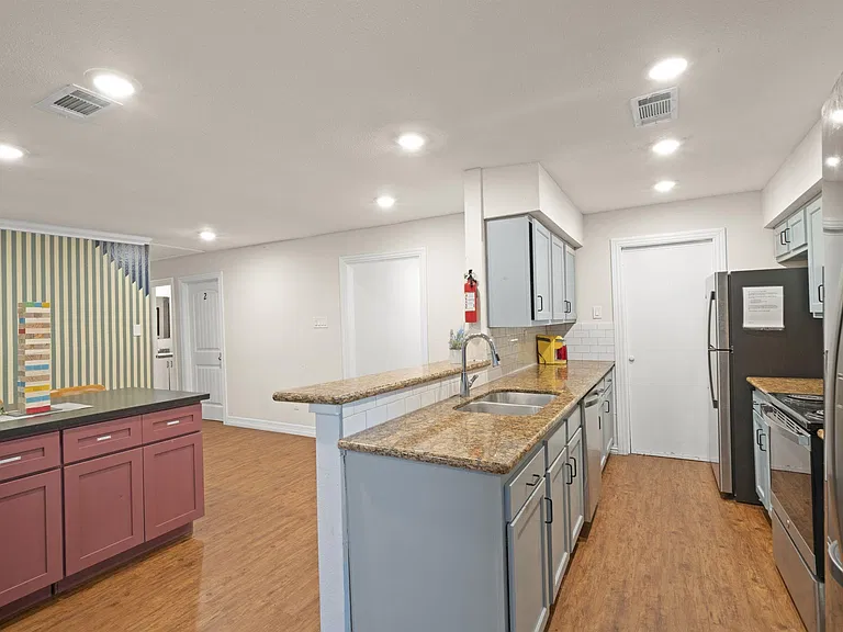 Colorful kitchen area.