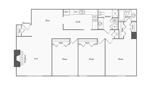 Floor plan 3 BR x 2 BA - Washer/Dryer