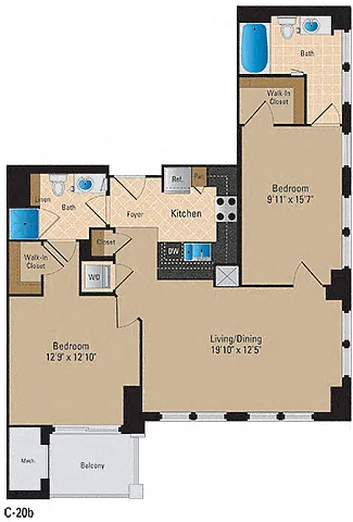 Floor plan 2 Bedroom, 2 Bath 1090 SF B9