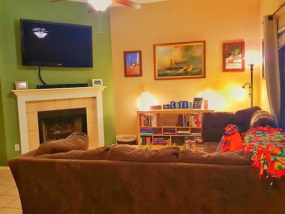 Living room with wood fireplace