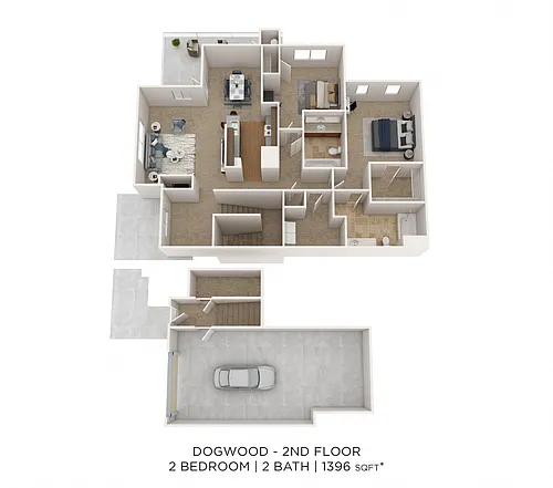 Floor plan Two Bedroom 2 Bath w/ Garage - 1,396 sqft