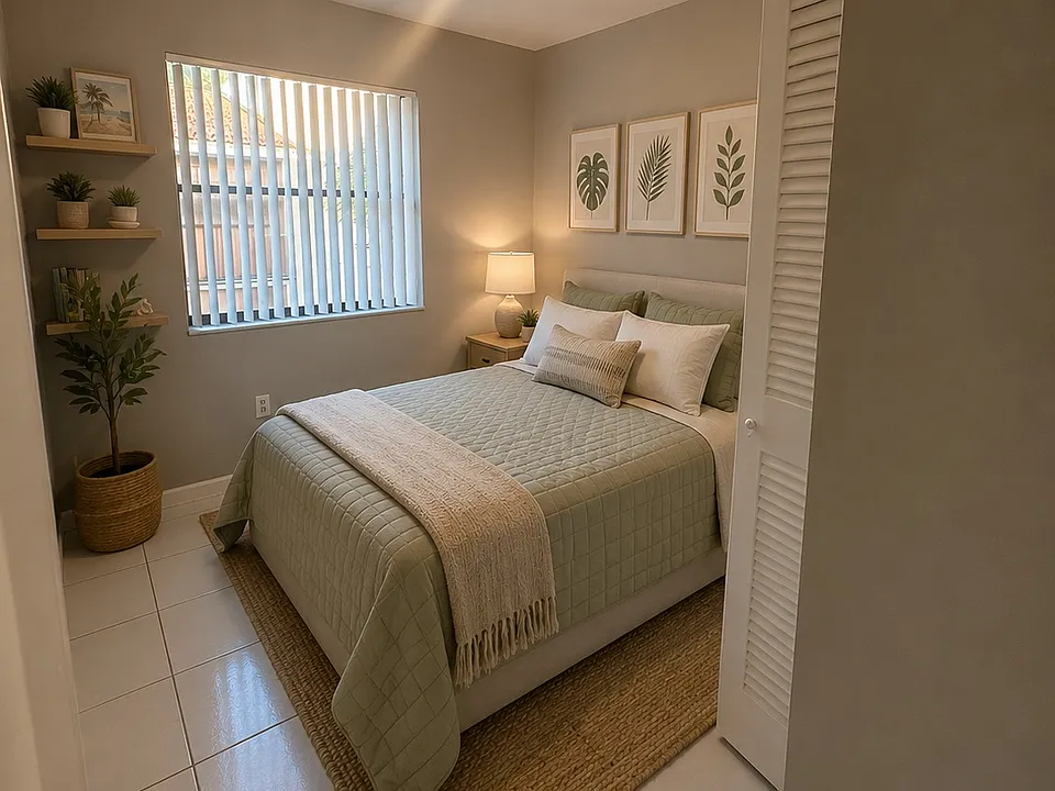 Staged with AI. Bedroom 2 as a guest bedroom.