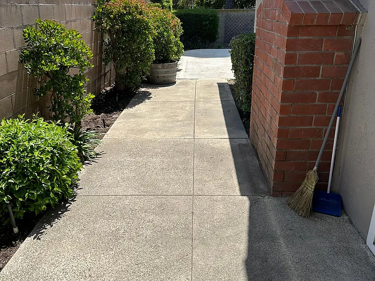 Side yard with dining room sliding glass door on right.