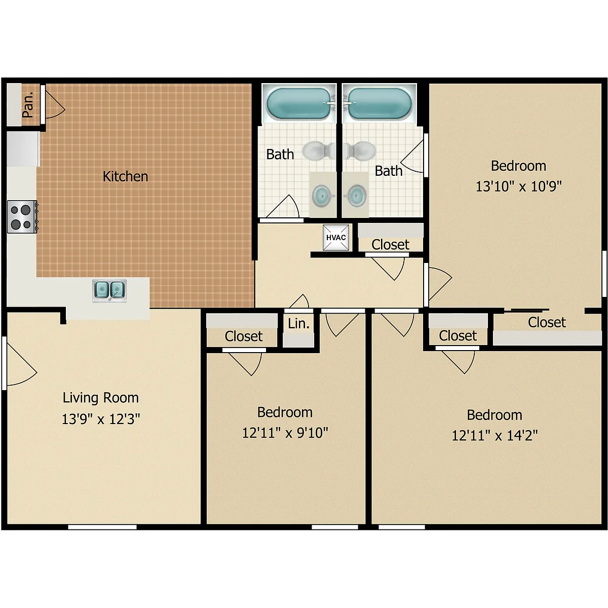 Floor plan 3 Bedroom 2 Baths