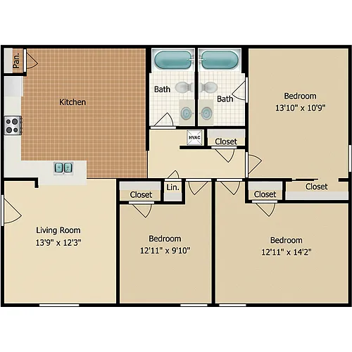 Floor plan 3 Bedroom 2 Baths