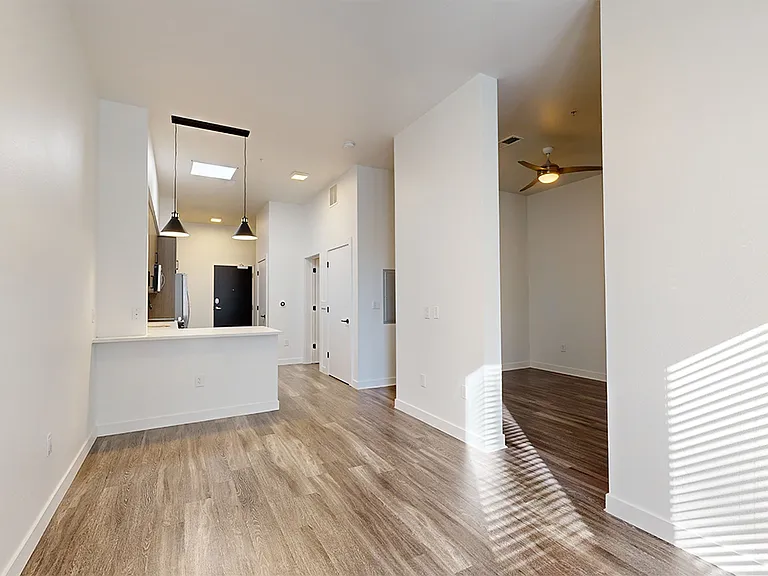 Spacious apartment bedroom with large closet, attached bathroom and wood-style flooring.