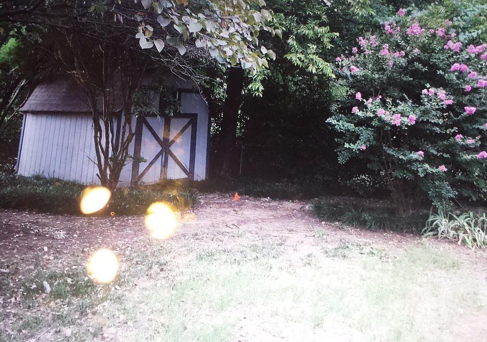 large fenced backyard with storage shed