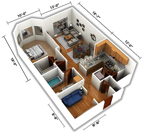 Floor plan 1 Bedroom 1Ba Den