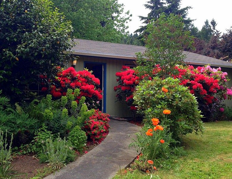 Front Door
						:
						Mature flower beds and rhododendrons flank the front door.