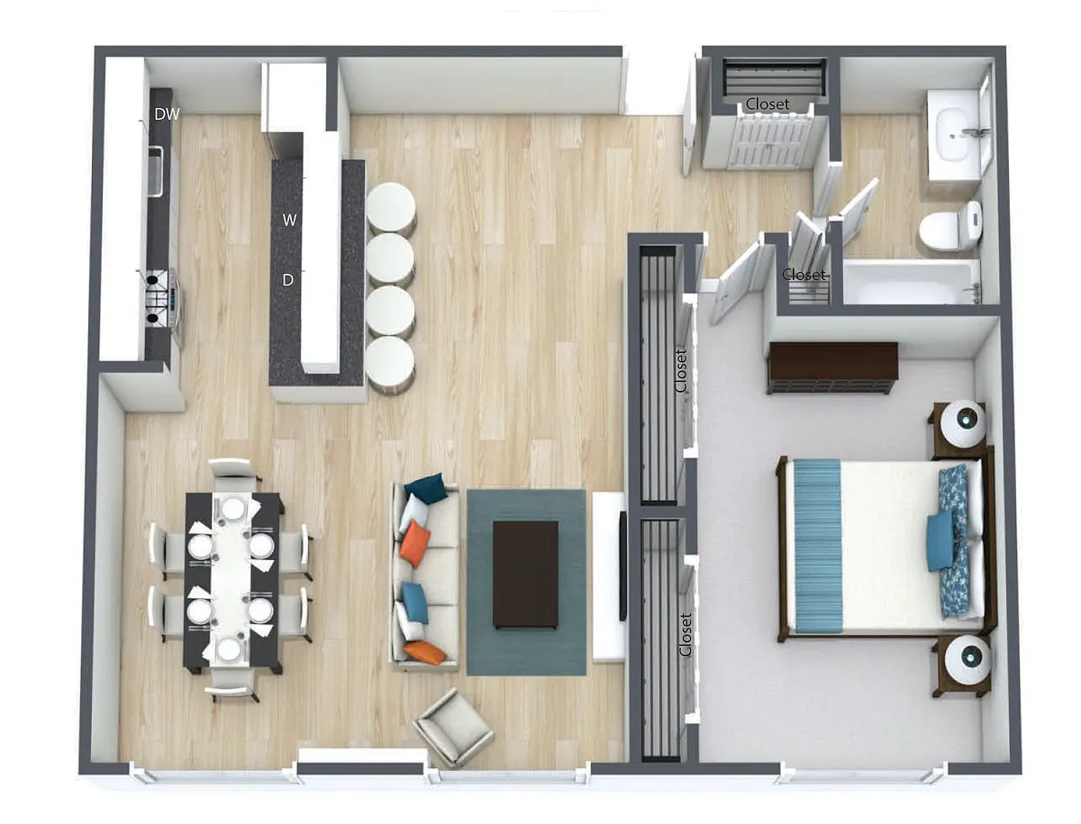 Floor plan 1 Bedroom 1 Bath B Style