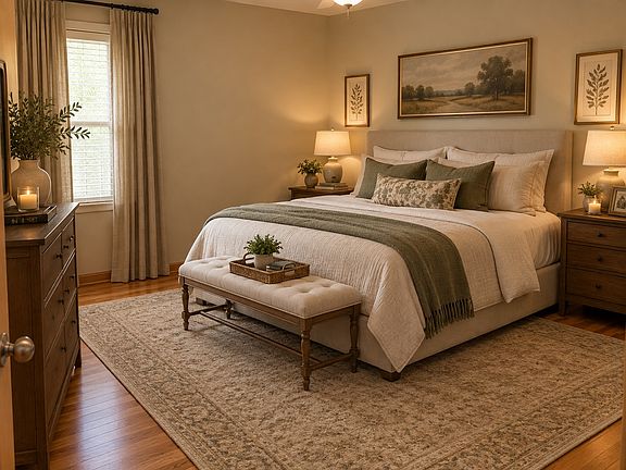Master bedroom with ceiling fan. Includes a large walk-in closet.