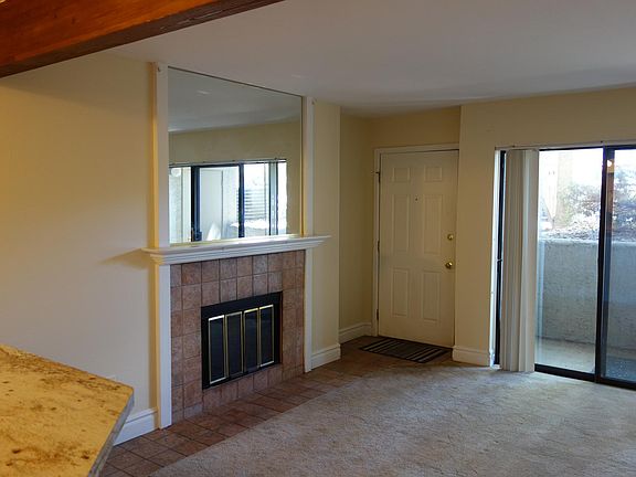 Wood-burning fireplace and small garden-level patio