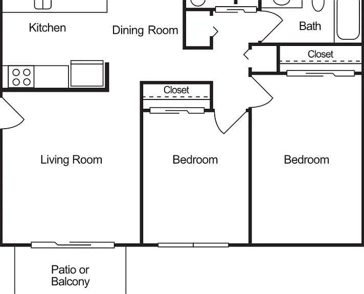 2 Bedroom 1 Bathroom Floorplan Diagram
