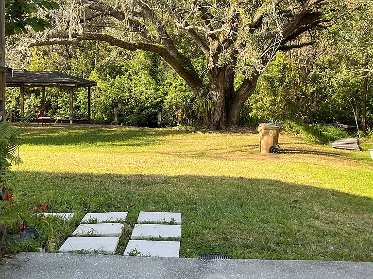 Boathouse and old oaks in backyard