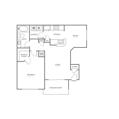 Floor plan One Bedroom One Bath (736 SF)