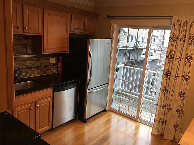 Granite and stainless steel kitchen with slider to deck with a BBQ.